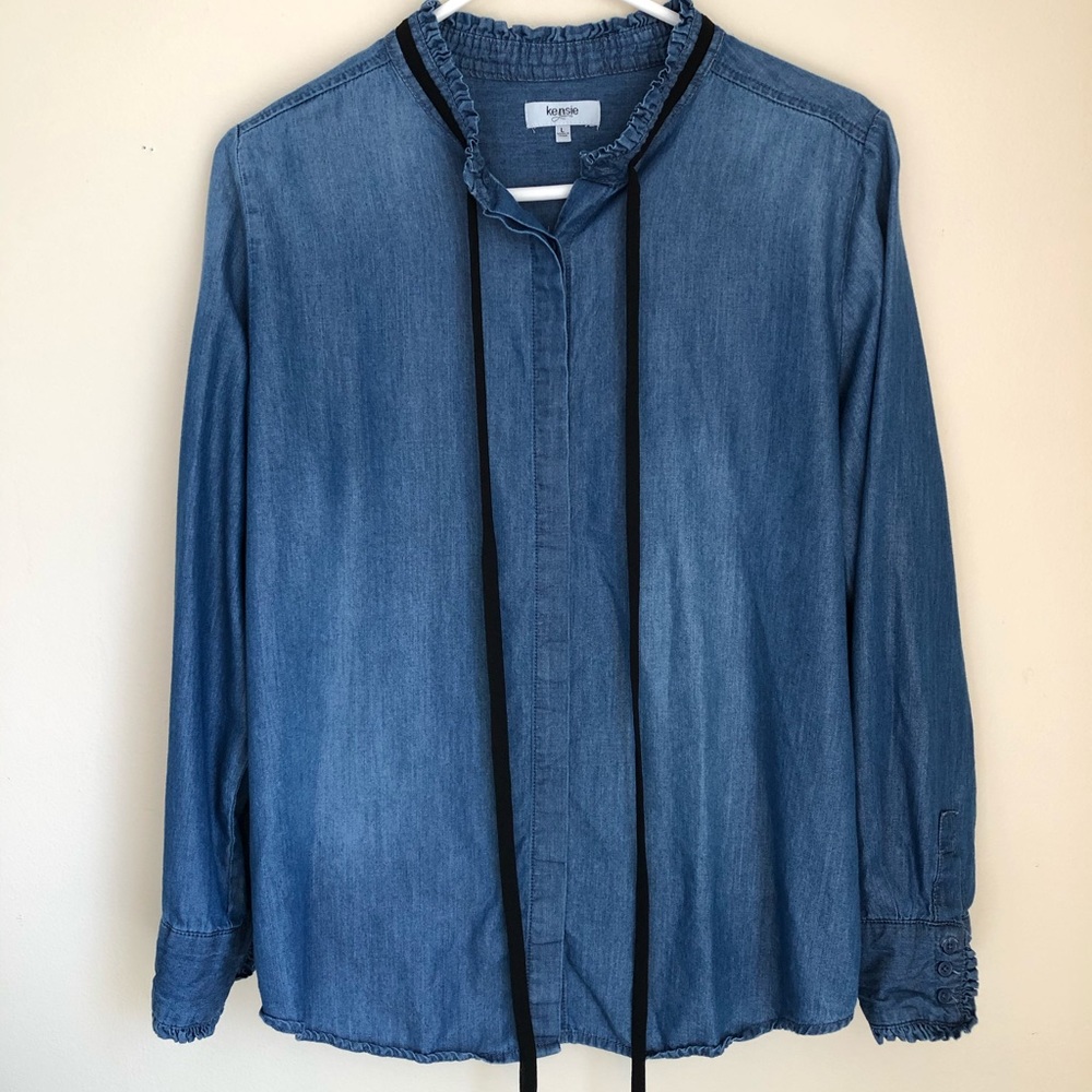 Kensie Denim Button Up String Tie Bow Top